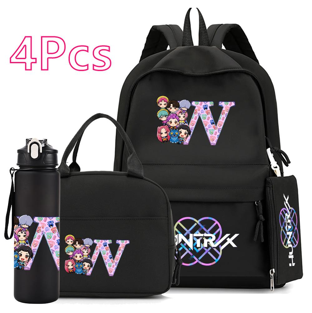 4 Stück/Set K-Pop Bedruckte 750 ml Wasserflasche Rucksack Handtasche Federmäppchen für Teenager Junge Mädchen Schultasche Große Kapazität wasserdicht Bücherrucksack Mochila