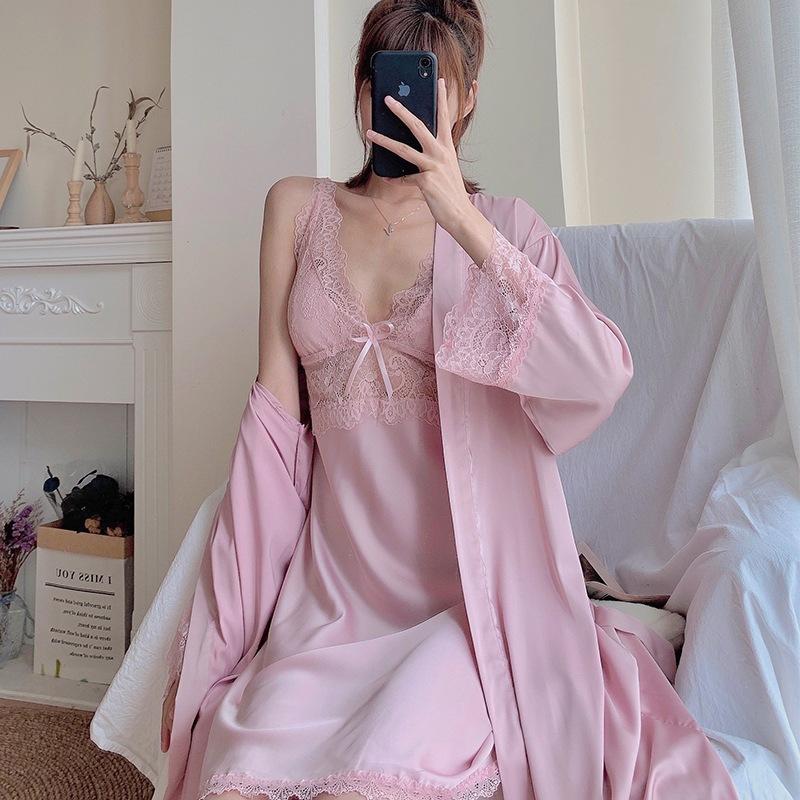 Pajamas women's spring and summer ice silk thin suspender medium and long nightdress sexy lace nightgown loungewear set