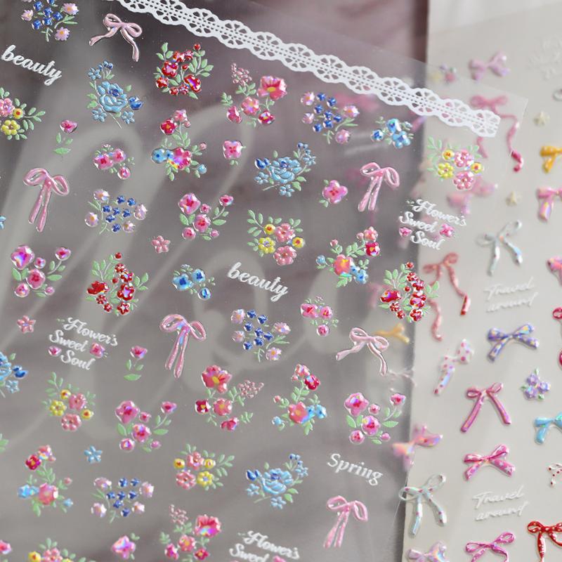 1 Sheet 3D Spring Flower Series Nail Stickers Colorful Rose Bouquet Nail Decal Self-Adhesive Daisy Ribbon Bow Manicure Sticker