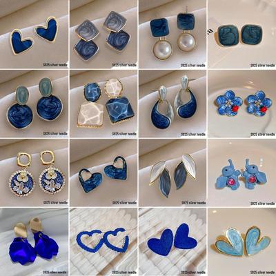 Silver Needle Sweet Blue Elephant Heart Flower Stud Earrings - Women's Unique Fresh Design