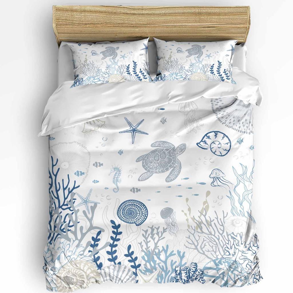 Blue Marine Coral Shells Starfish Duvet Cover With Pillow Case Custom 3pcs Bedding Set Quilt Cover Double Bed Home Textile