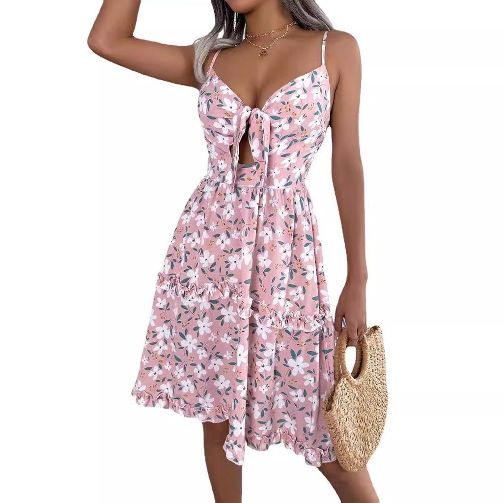 Women Casual Floral Ruffled Bow Strappy High Waist A Line Midi Dress