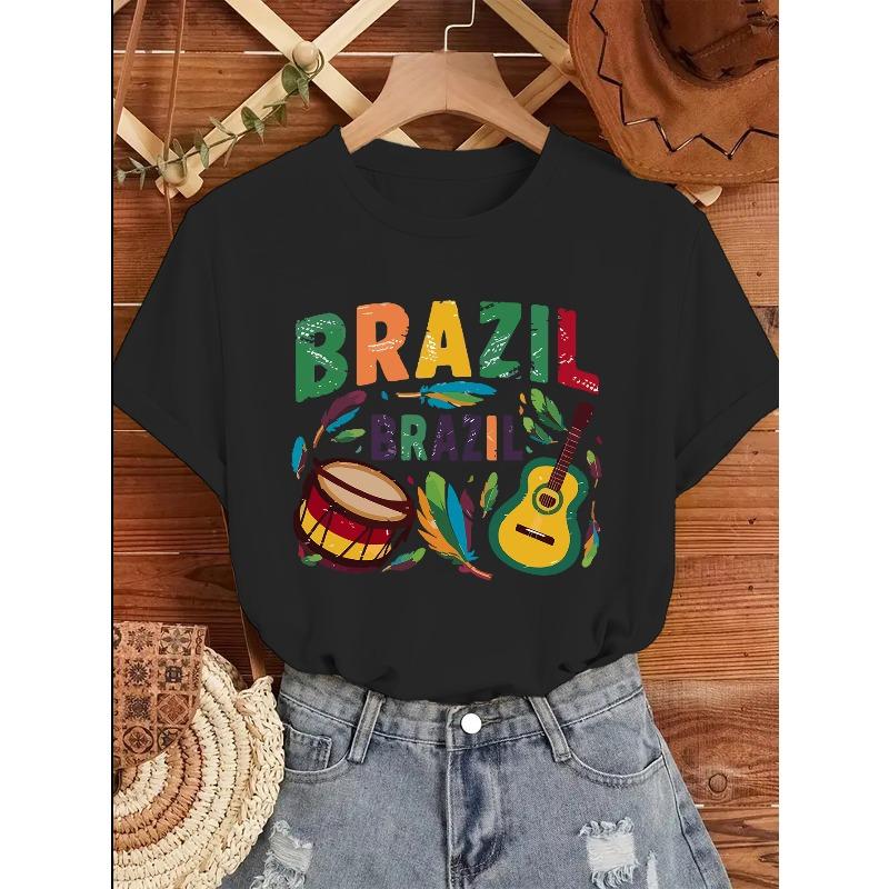 

European Size Ladies Carnival Brazil Carnival Theme T-shirt - Festive Carnival Print, Round Neck, Polyester, Spring/ Summer Collection 4XL