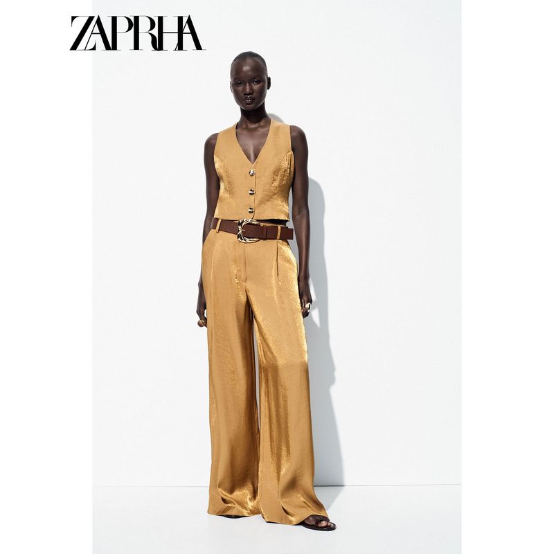 Zaprha 2025 Summer New Fashion Gold Button Decoration Silk Satin Texture V-neck Top 7484091303
