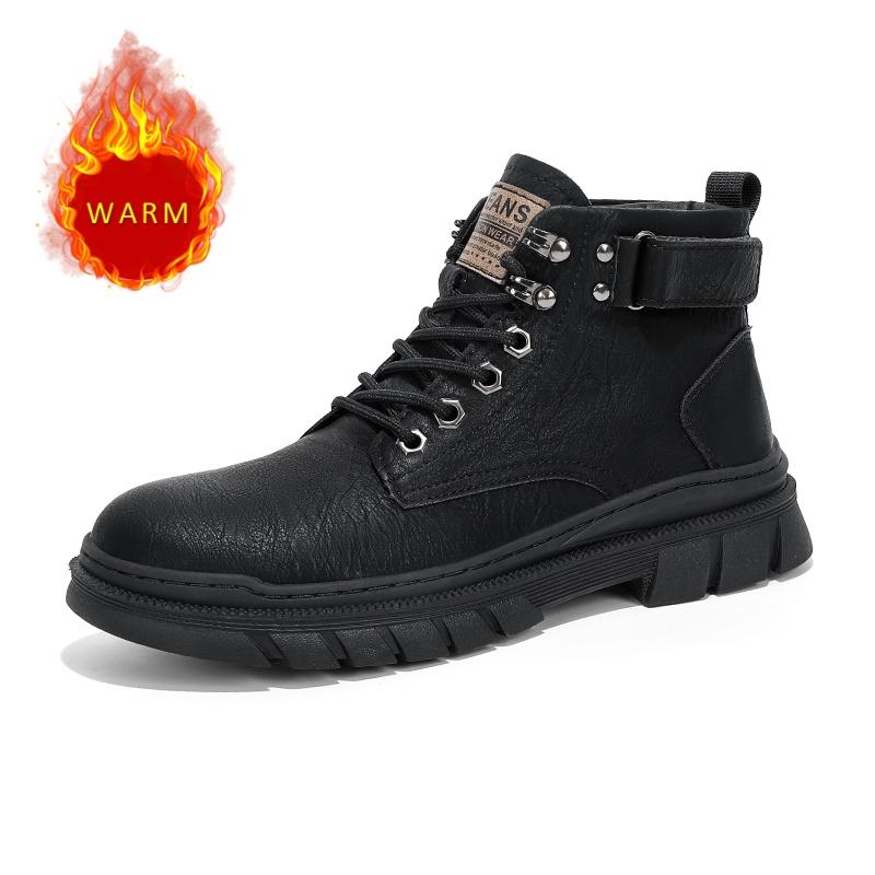 Winter Warm Plush Men's Business Short Boots Fashionable Motorcycle Boots Retro Men's Cotton Shoes Genuine Leather Boots