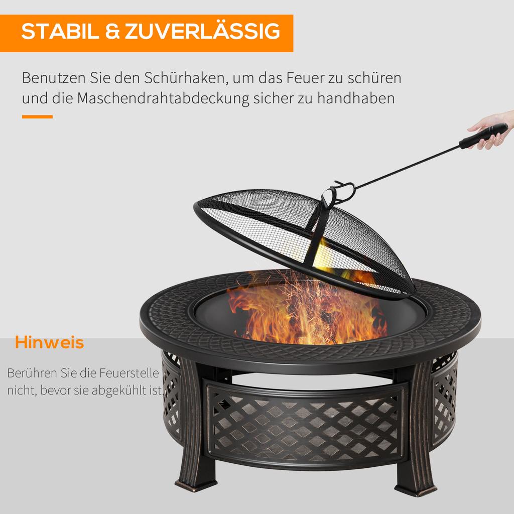 Outdoor Fire Pit, Firepit with Grill Net, Mesh Lid, Poker, for Camping, Bonfire, Picnic, Bronze Tone