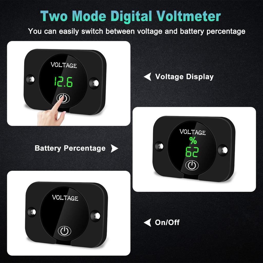 DC 12V 24V LED Car Digital Voltmeter, Waterproof Voltage Meter Car Battery Tester with Touch Switch Display Panel with Connection Cable for Car Etc.