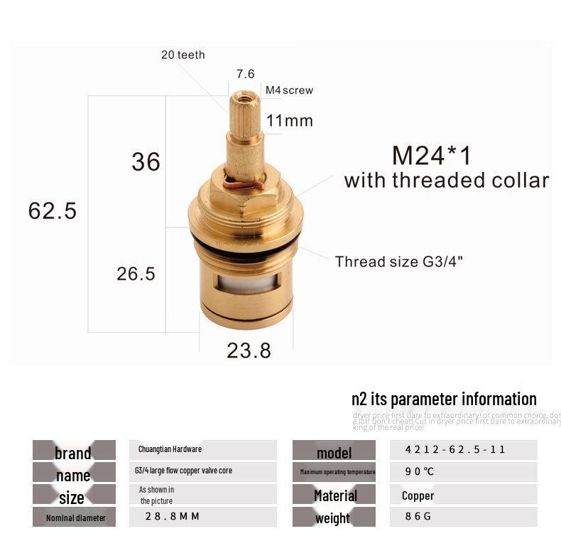 G3/4" Großvolumiger Heiß-/Kaltwasser-Kupferventileinsatz mit Keramikscheibe