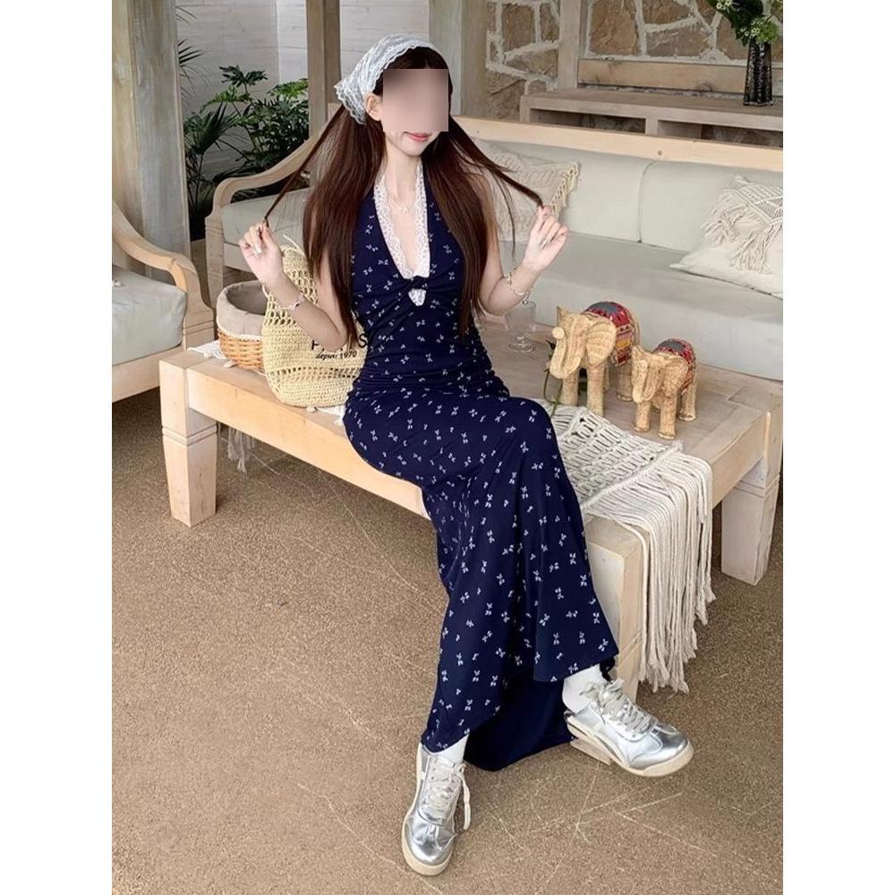 Taille schmal geschnitten Urlaub Hüftwickelkleid Schleife floral Spitze V-Ausschnitt Hals Kleid Damen Sommer