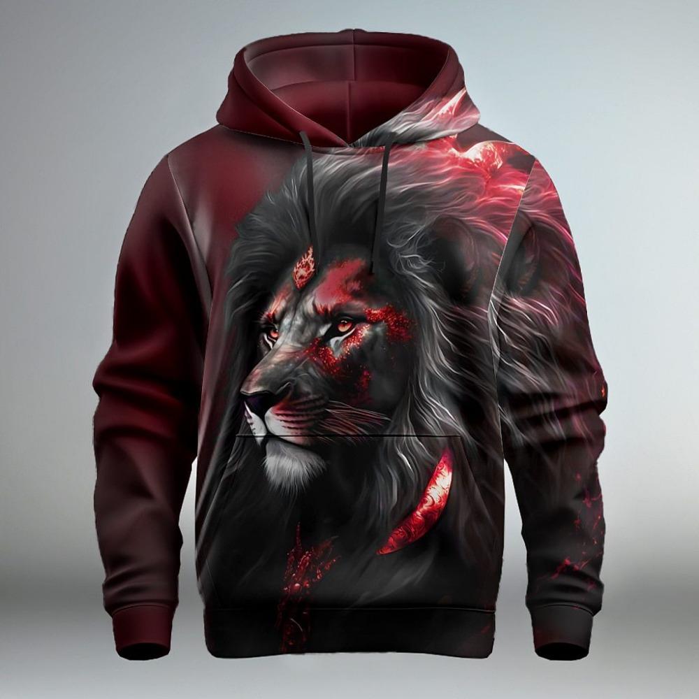 Fierce Animal Lion Pattern 3D Digital Printing Men's Fashionable Hooded Sweatshirt