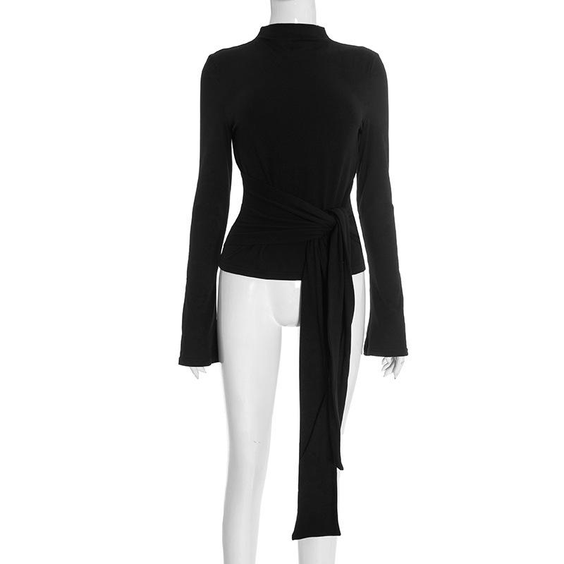 Y25TP437 High Neck Bell Sleeve Tie-Up Top with Cinched Waist Medium