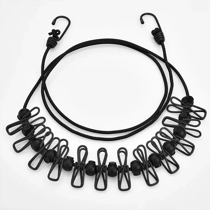 Portable Clothesline with 12 Clips Elastic Retractable Laundry Drying Rope Wind-Proof Clothes Hanging Line for Outdoor