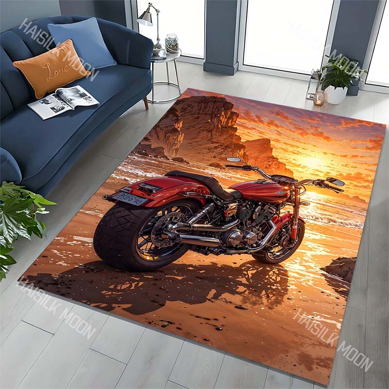 1PC Red Motorcycle Beach Sunset Cliffs Print Carpet for Living Room Bedroom Sofa Home Decor Rus Non-slip Floor Mat Luxury Gift