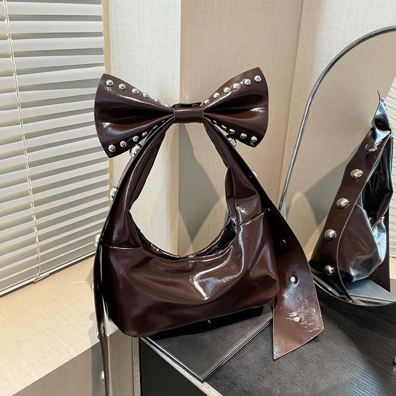 Rivets Bow Y2K Hobos Handbag and Purses for Women Trendy Shoulder Bag with Removable Bow Ladies PU Leather Armpit Bag AVE