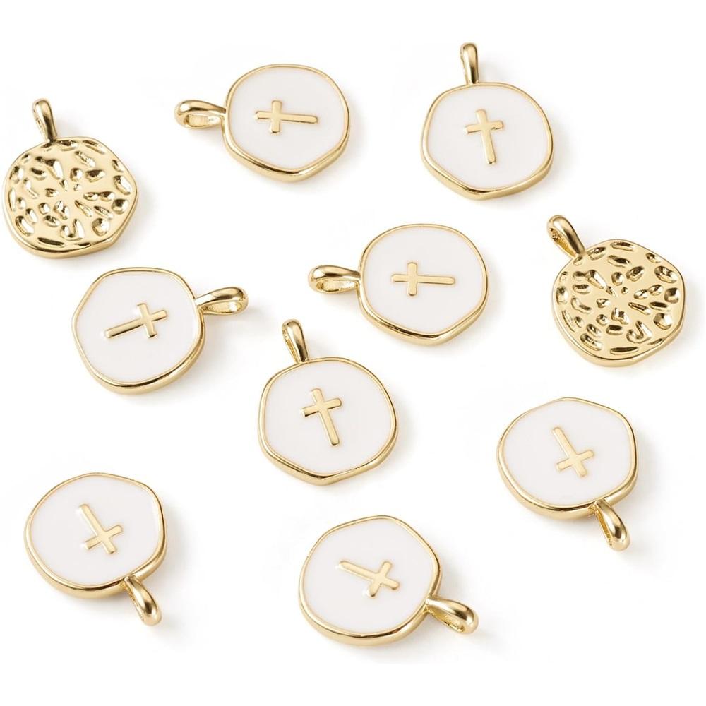 10Pcs 18K Gold Plated Cross Enamel Charms, Flat Round Brass Crucifix Pendants For DIY Necklace Bracelet Earring Jewelry Making