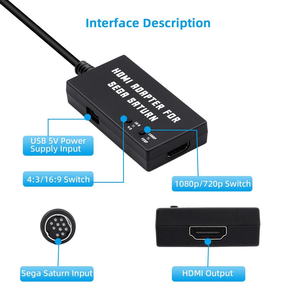 Mcbazel Sega Saturn HDTV To HDMI Converter with Aspect Ratio Converts from To Compatible with Sega Saturn Black Built-in Switch, 43 169, -