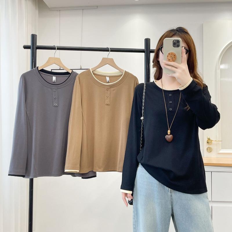 Women S Plus Size Long Sleeve Fake Two Piece Pullover Top Casual Slimming Base Shirt