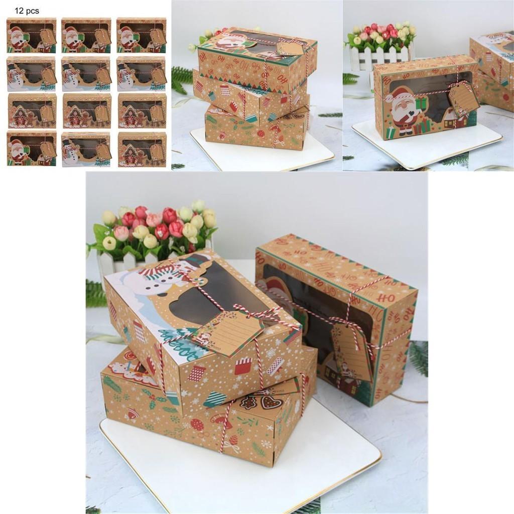 12pcs Kraft Paper Christmas Gift Candy Cookie Muffin Cake Boxes With Exquisite Printing And Decorative Tags