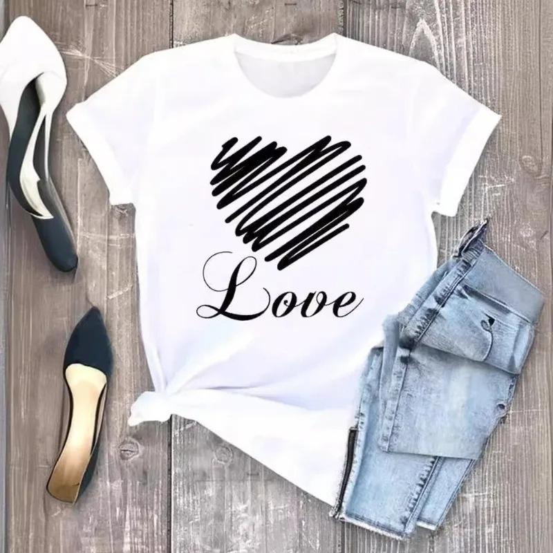 Womens White Short Sleeved Tshirt  Sunflower Bicycle Printed Casual Summer Fashion Tshirt with Rose Heart Pattern Top