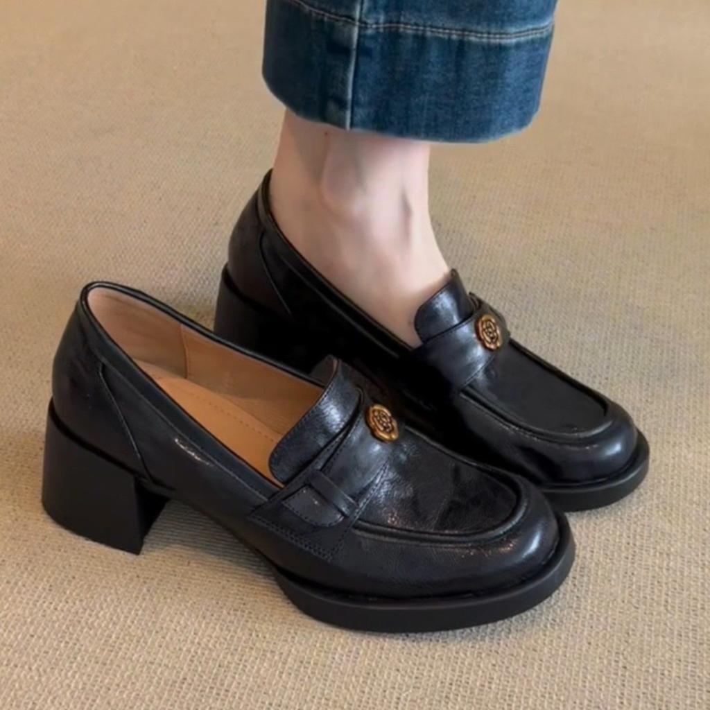 Washed horse leather~ Leather high-heeled loafers for women's spring and autumn new temperament single shoes with one foot on British style smal
