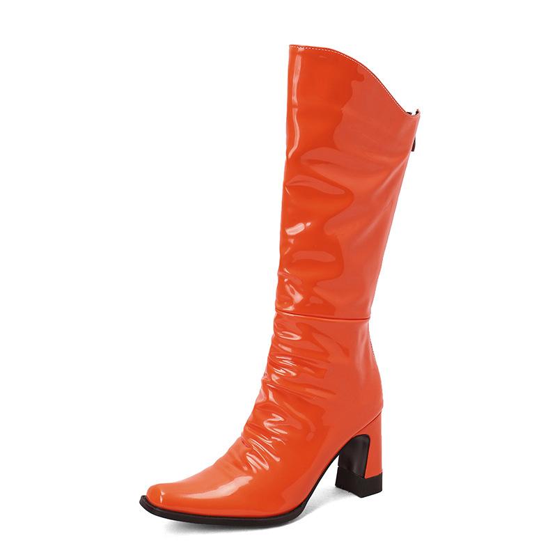 Large size 33-45 Large size women's autumn and winter boots thick heel rear zipper patent leather women's shoes