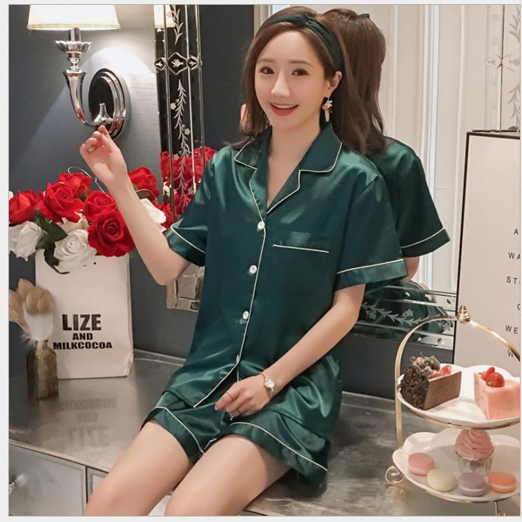 Womens Silk Satin Pajamas Set Short Sleeve Two-piece Pj Sets Sleepwear Loungewear Button-Down
