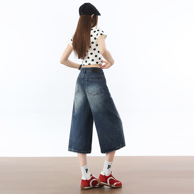 Trendy Summer Vintage Blue Loose Straight Denim Cropped Capri Pants Versatile Slimming Basic Daily Trousers
