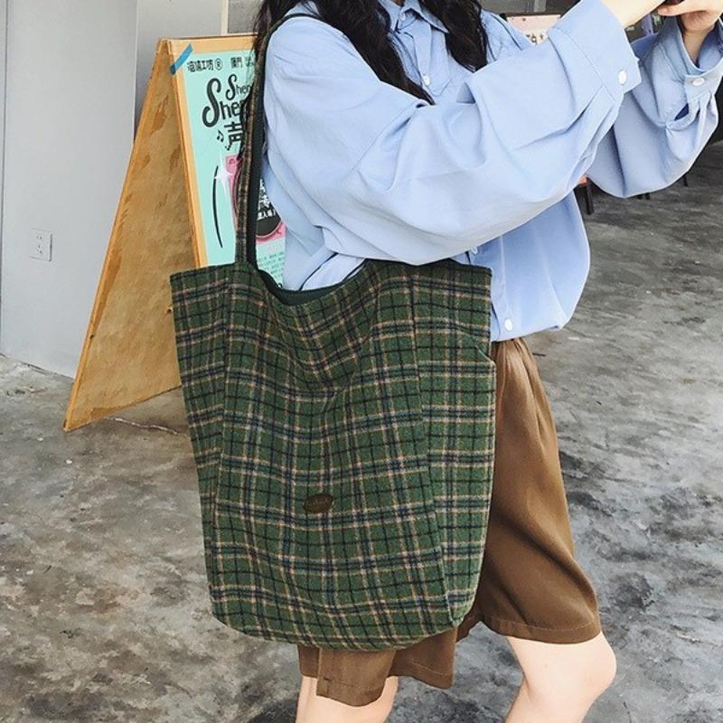 Plaid canvas bag women's autumn and winter new tote bag casual large capacity portable shoulder cloth bag lazy wind