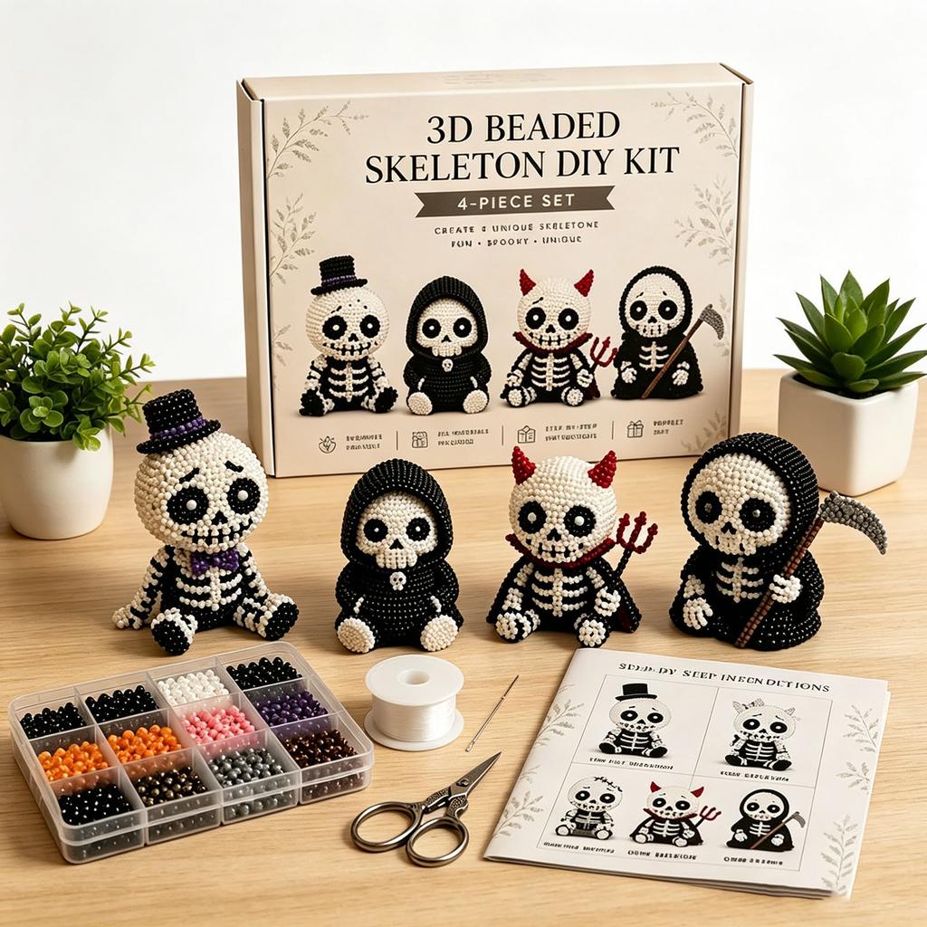 4Pcs Cute Skeleton Bead Craft Set Beginner-Friendly Handmade Skeleton Figurine Making Kit for Teens Adults Home Decor Gift