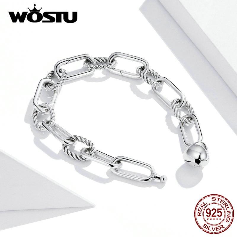 WOSTU Bracciale Fermaglio d'Argento 925 Argento Cuore Amore Catena Braccialetti per Donne Gioielli per Fidanzamento Regalo CQB202