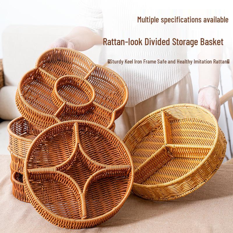 Woven Faux Rattan Snack Plate Storage Basket - Divided for Hot Pot Ingredients and Fruit in Living or Dining Room
