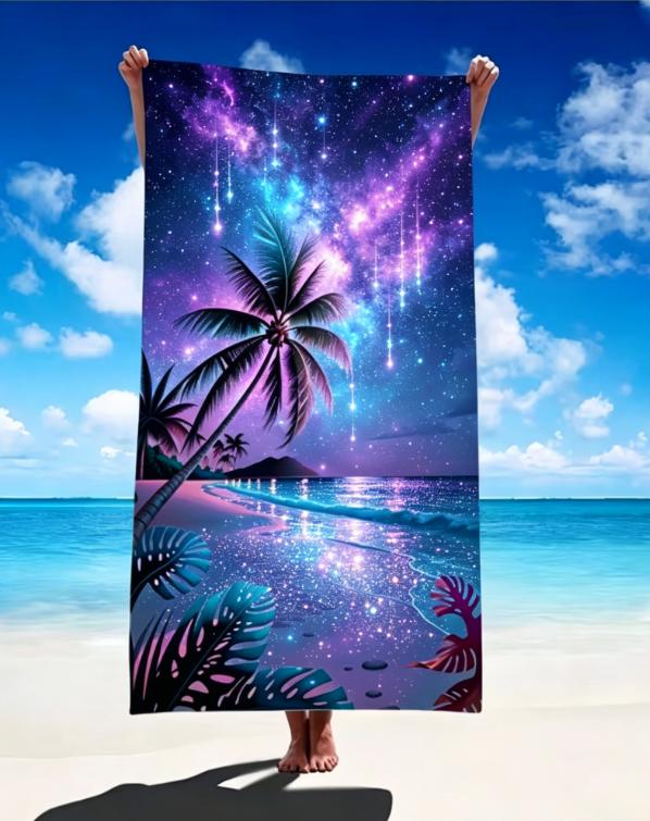 Tropical Sunset Beach Towel, Microfiber Large Sand Free Quick Dry, Palm Tree Ocean Landscape Design, Soft Absorbent