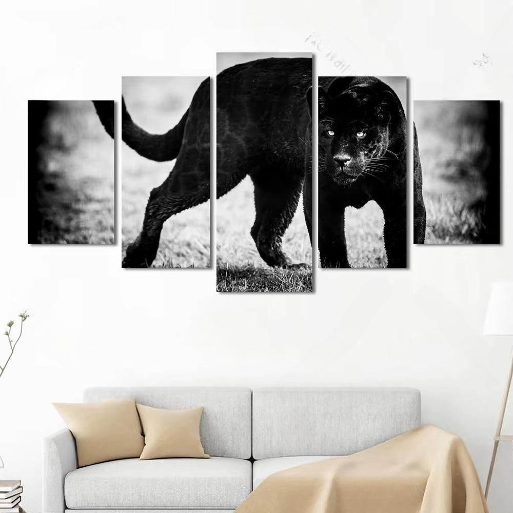 5-teilige Seltene Schwarzer Panther Wandkunst Schwarzer Leopard HD Bilder Leinwandbild Wandkunst für Wohnzimmer Wanddekoration Ohne Rahmen
