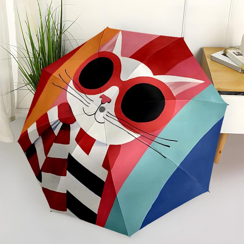 1pc Cat Glasses Striped Scarf Automatic Open/close Umbrella, 8-Rib sturdy structure, Portable Travel Umbrella, Parties, Everyday Useb065