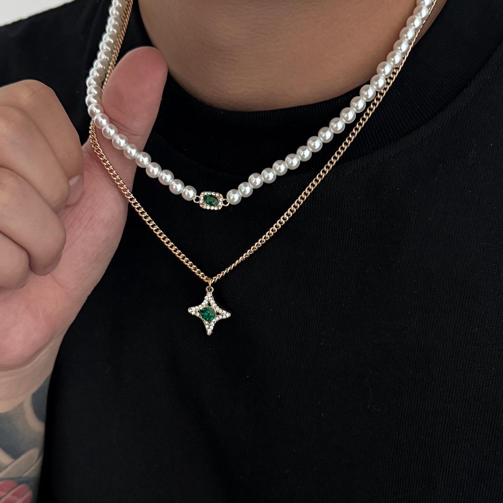 Hip Hop Pearl Diamond Necklace Set Male Tide Personality Clavicle Chain Jewelry