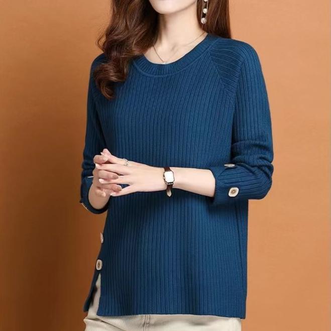 Fall/Winter Women's Crewneck Sweater Loose Slit Knitwear Pullover Solid Color Stretch Knit Top