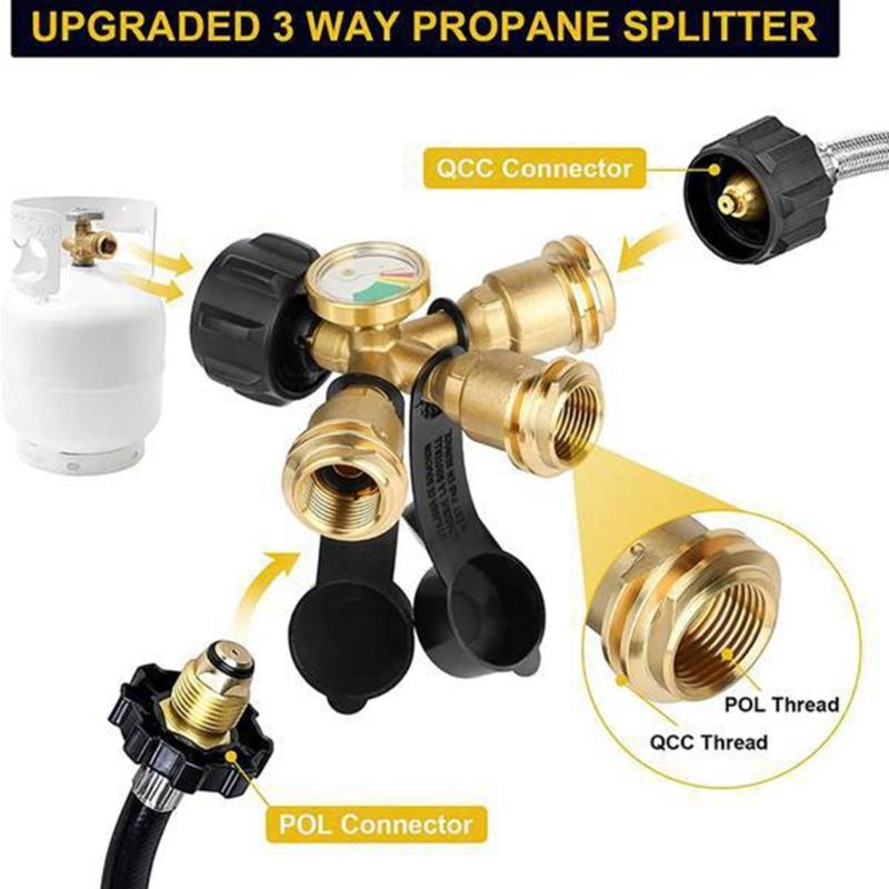 3 Way Propane Tank Y Splitters Adapter Brass Construction With Pressure Gauge Safety Shut Off Valves For Multiple Appliance Connection