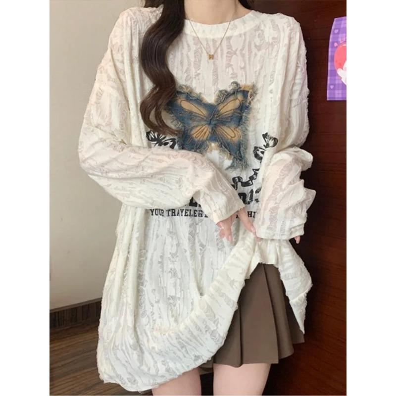 

Autumn and Winter Retro Denim Butterfly Embroidery Loose Long-sleeved T-shirt Lazy Style Top Trend L абрикосовый