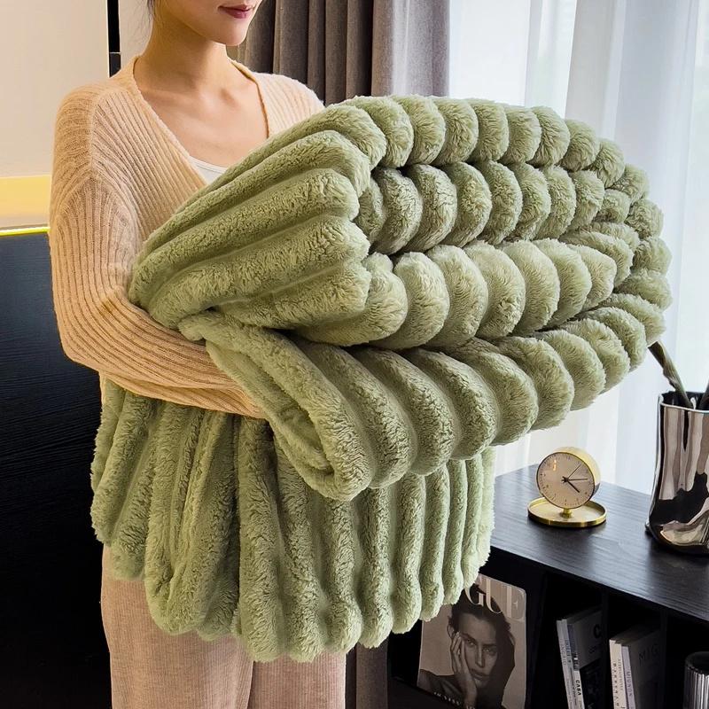 Solid Thickened Wide Striped Flannel Multifunctional Throw Blanket Luxury Faux Rabbit Fur Warm Bed Blankets Sofa Blanket,nap Blanket