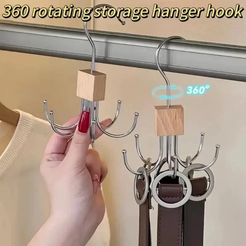 1/2/3PCS Solid Wood Rotatable Storage Hanger Hook Multi-Claw Bag Metal Belts Rack Organizer for Bras Ties Scarves Household Closet Accessories