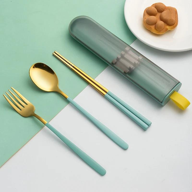 3Pcs Dinnerware Set Spoon Fork Chopsticks Cutlery with Box Portable 304 Stainless Steel Tableware for Travel Camping