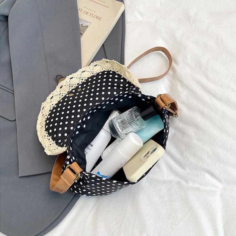 Modische Leinwand-Umhängetasche im koreanischen Stil Neue gepunktete Spitze Schultertasche Süß Exquisit Retro Kontrastfarben Design Damen Taschen KTB
