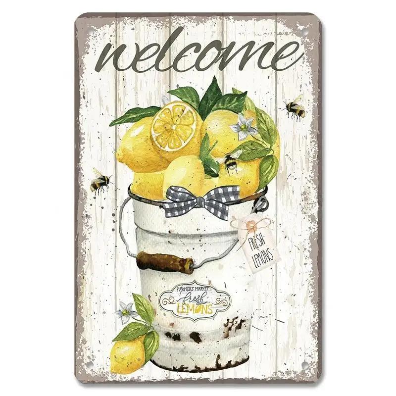 D Flat Metal Sign Vintage Welcome Garden Tin Sign Set Rustic Home Decor Butterfly Flower Watering Can Wall Art