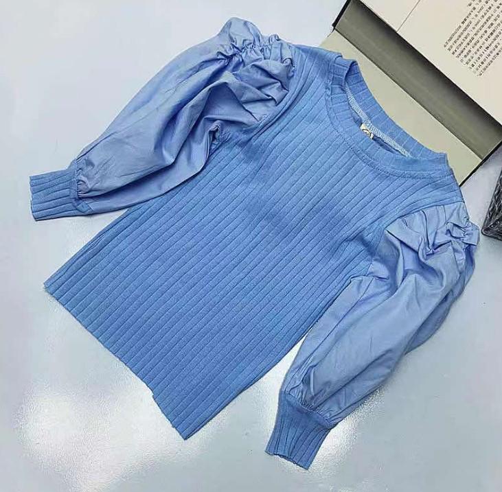 

Модная трикотажная футболка с рукавами-буфами для девочек - Весна/Осень 2023 Корейский стиль для детей 100cm синий