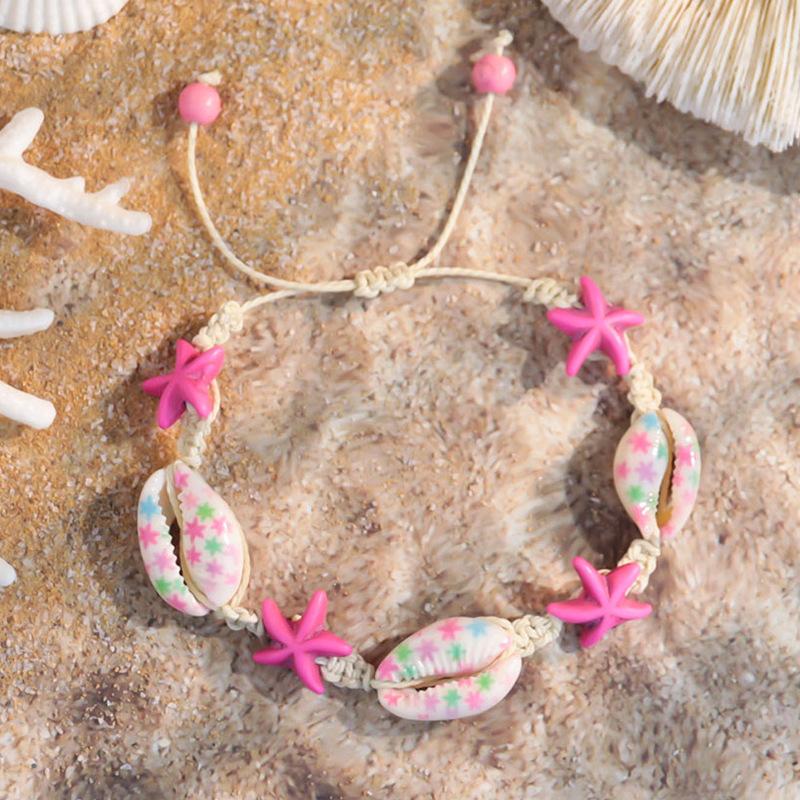 1011 Ocean Resort Wind Starfish Shell Bracelet, Daisy Rainbow Print Hand Rope Tide