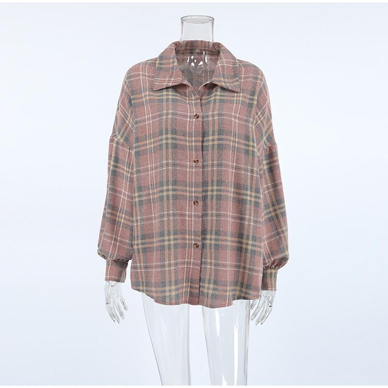 

2025 Новая розовая винтажная свободная клетчатая женская рубашка, модная офисная женская блузка с длинным рукавом и лацканами, ретро-топы, женская одежда L розовый