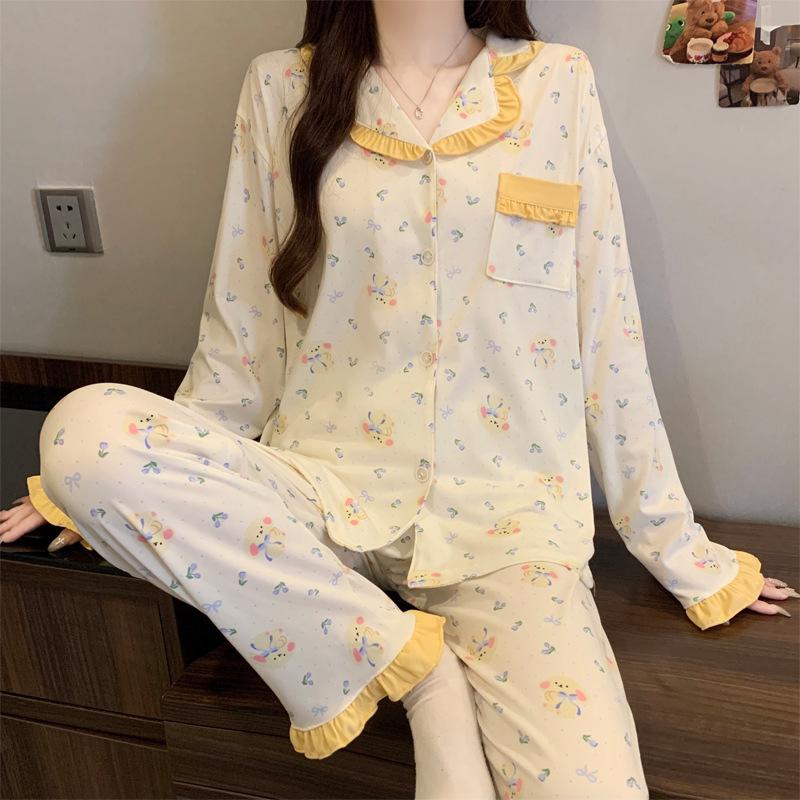 Imitation cotton ruffle leaf edge pastoral cute rabbit girl pajamas autumn long-sleeved cartoon soft glutinous loungewear two-piece set