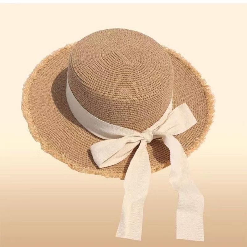 Hepburn wind flat top sunscreen straw hat women's summer big brim sunshade bucket hat seaside vacation beach sun hat