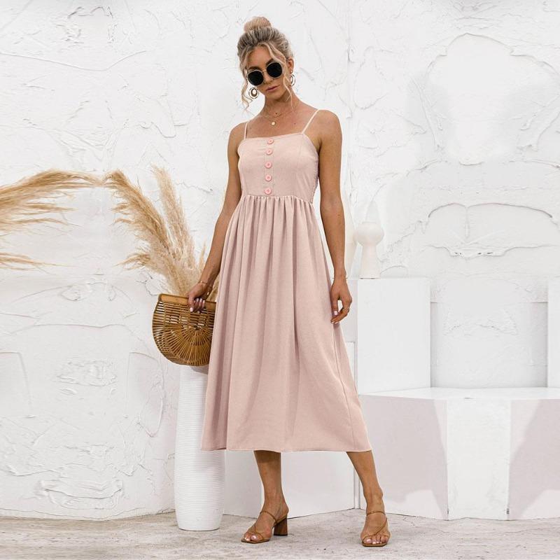 Jaro Léto Jednobarevné Dlouhé šaty Ženy Ležérní Špagety Pásek do A Bez rukávů Vysoký pas Tenký knoflík Sladké S-XL