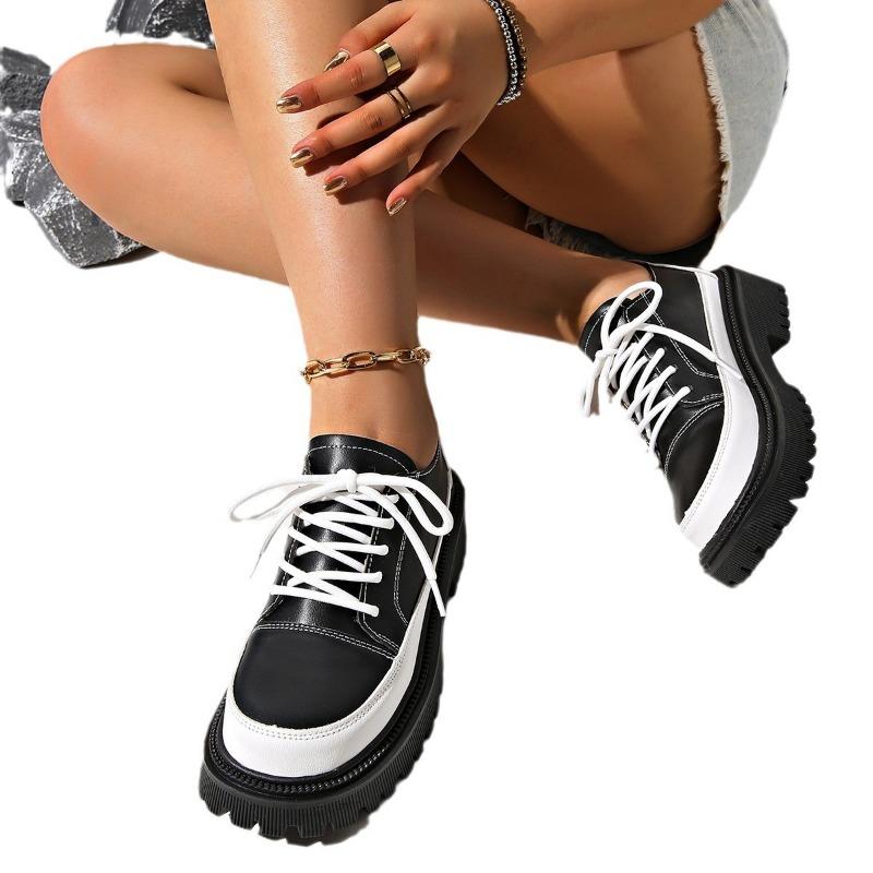 Retro women's spring and autumn new fashion versatile lace-up thick heel heightening single shoes British small leather shoes